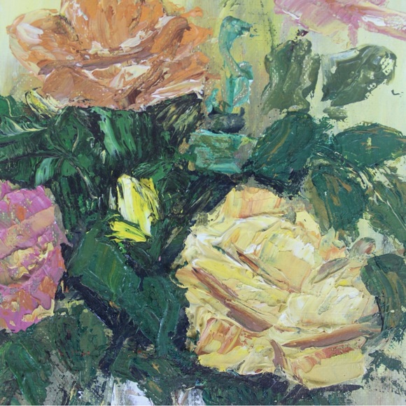 Vintage Original Still Life Oil Painting, Abstract Floral, Yellow, Pink Orange - Picture 10 of 10